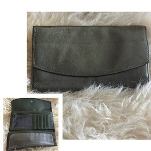 Olive Green Leather Tri Fold Checkbook Wallet with Flap Closure